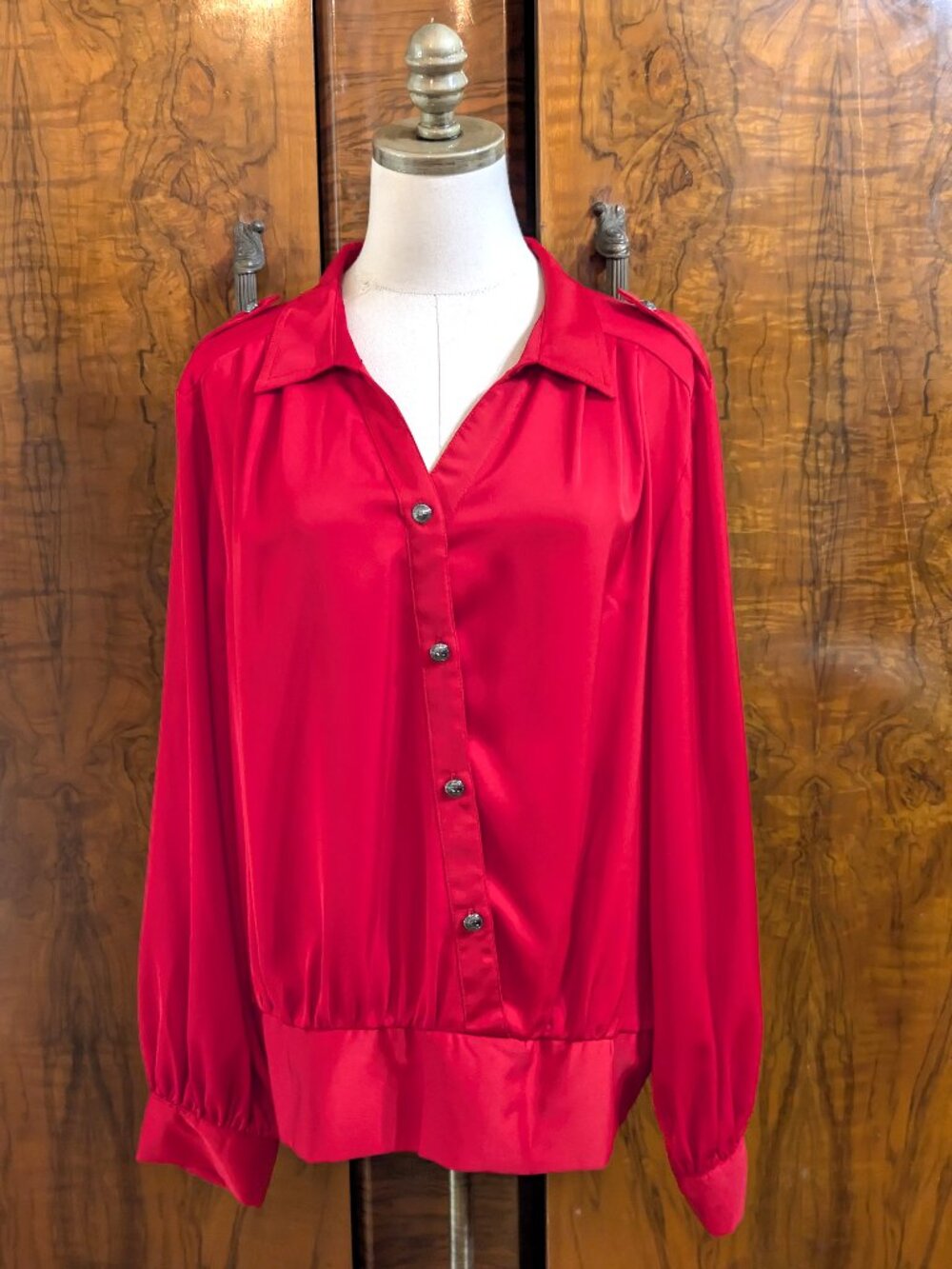 NWOT Karl Lagerfeld Red Satin Button Up Blouson Blouse XL Romantic Goth